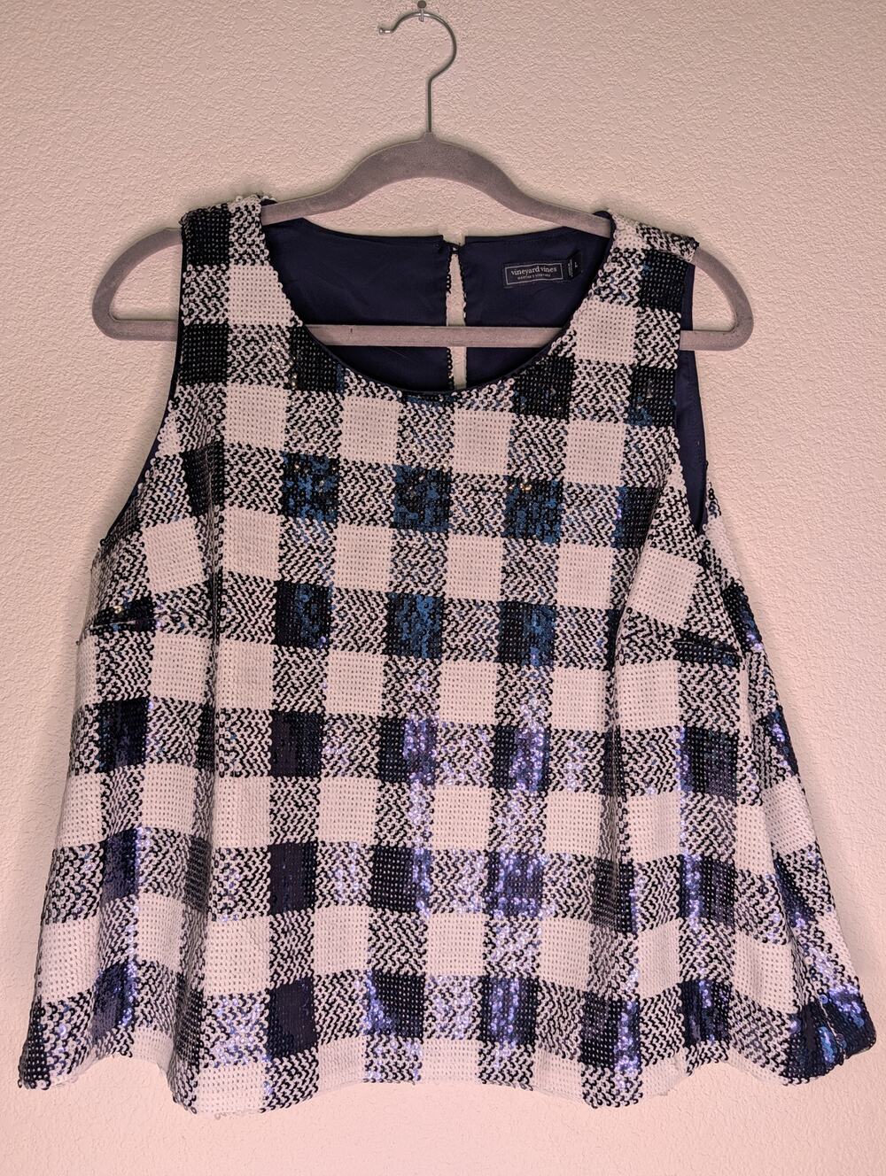 Vineyard Vines Women's Sequin Checkered Blouse L Coastal Nautical Chic Festival